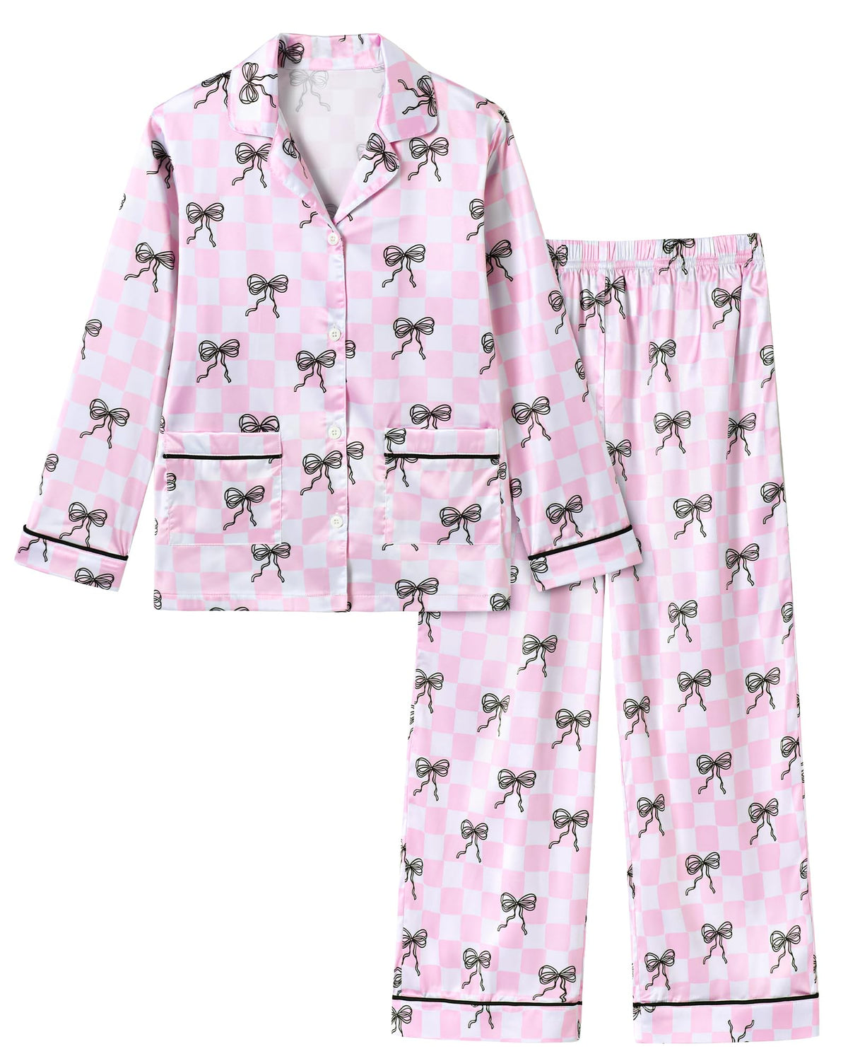 CARETOO Girls Pajama Set Satin Button-Down Long Sleeve Soft Sleepwear 5-14Y