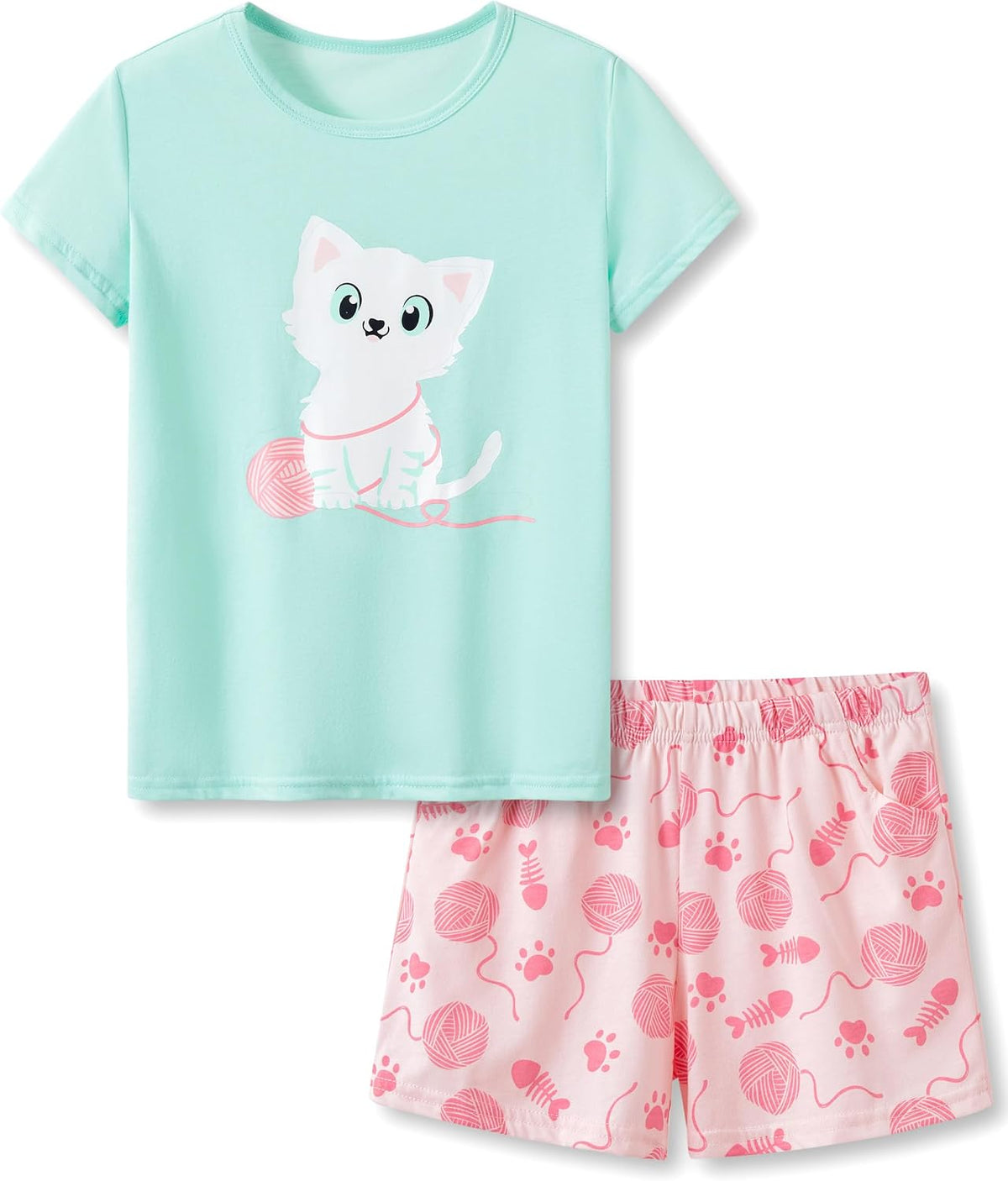 Beezizac Girls Cotton Blend Pajamas Cute Print Short Sleeve Set 4T-18
