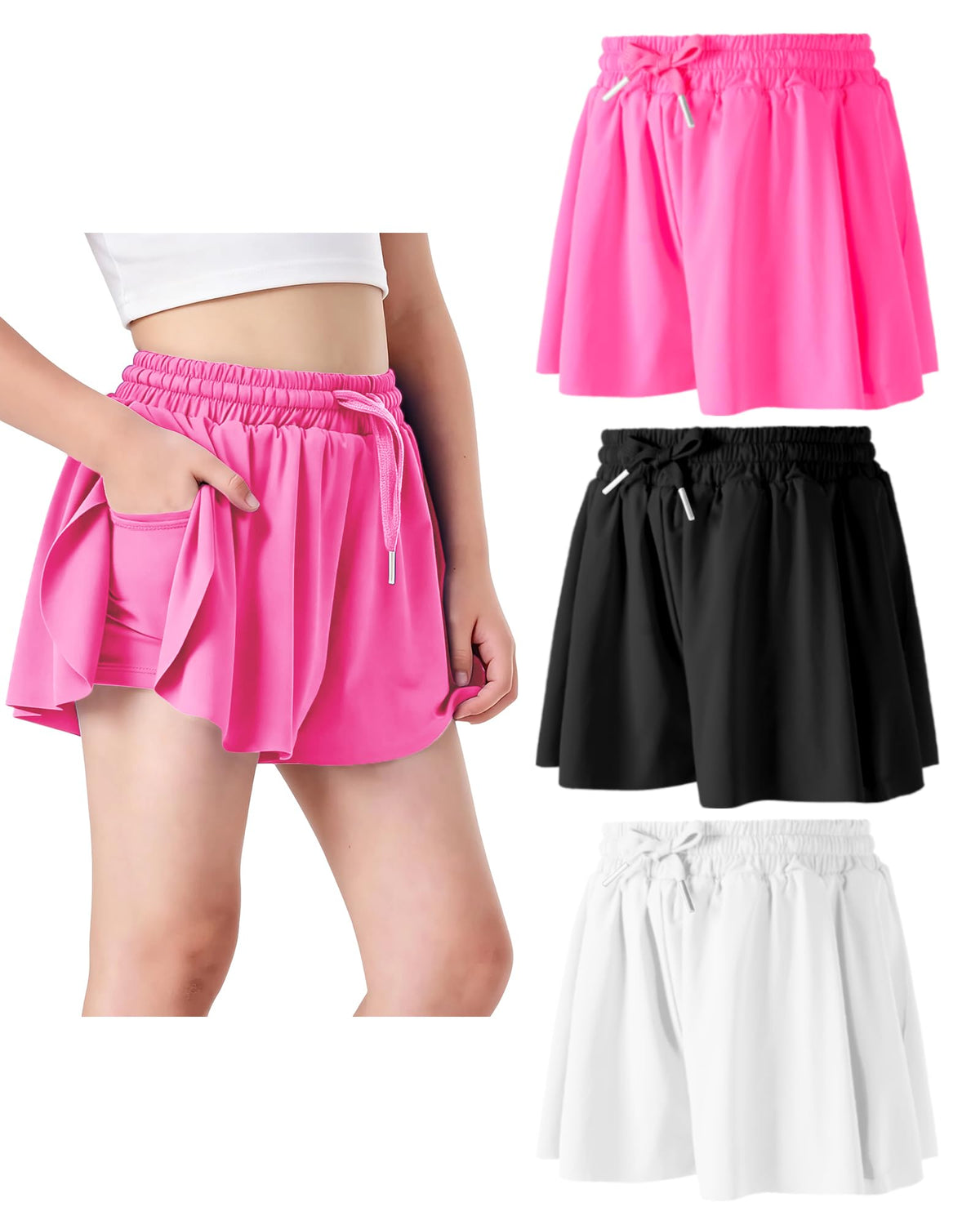 Butterfly Shorts Girls 2 in 1 Flowy Shorts with Pocket Athletic Skorts for Girls Running Tennis Skirts 2-14Y