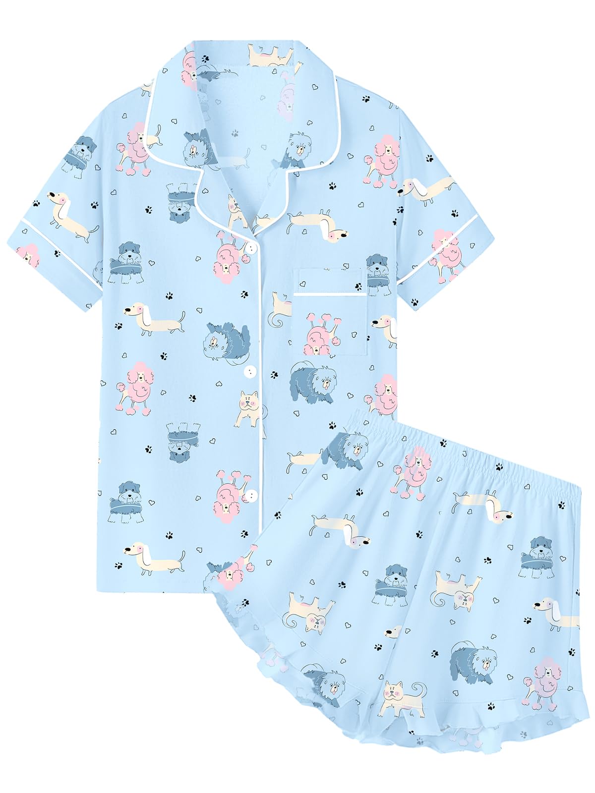QZH.DUAO Girls & Women Pajama Sets Cotton Sleepwear Button Down Short Sleeve With Ruffle Shorts PJS 5 Years-Large