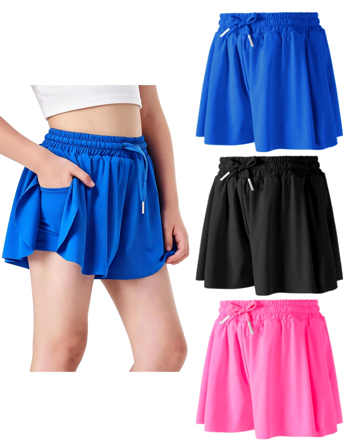 Butterfly Shorts Girls 2 in 1 Flowy Shorts with Pocket Athletic Skorts for Girls Running Tennis Skirts 2-14Y