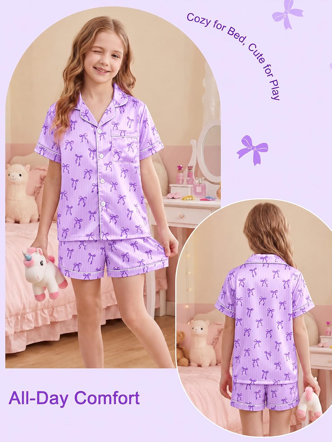 Basumee Girls Satin Pajamas Set, Silky Kids Sleepwear PJs for Teen 8-15Y