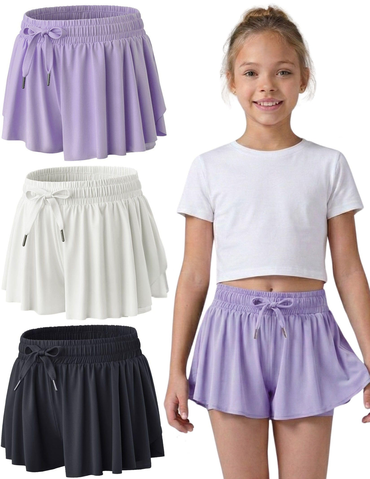 1 or 3 Pack Youth Girls Flowy Shorts with Spandex Liner & Pockets