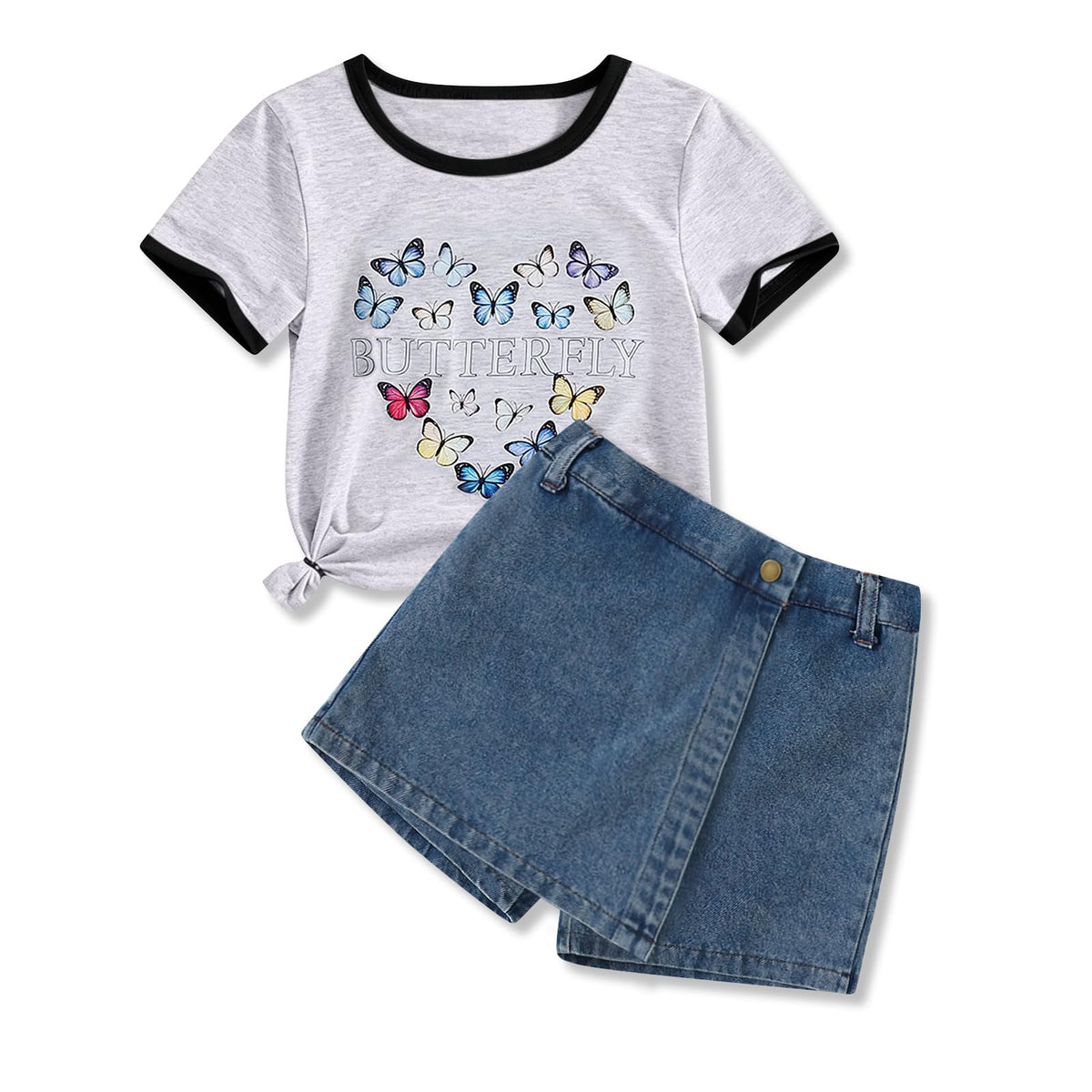 Girls Summer Clothes Butterfly Print Short Sleeve Tops and Denim Skirt Shorts Set Cute Outfits for Kids Girls 5-12Y