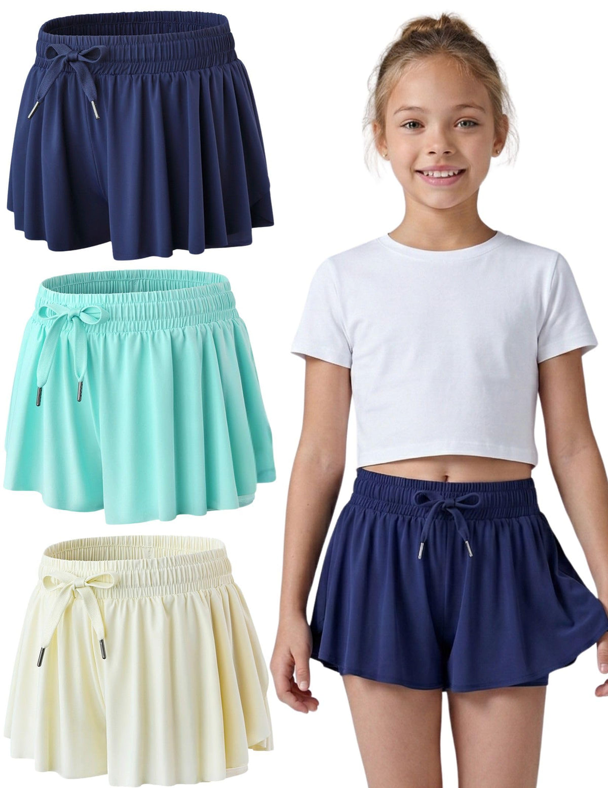 1 or 3 Pack Youth Girls Flowy Shorts with Spandex Liner & Pockets
