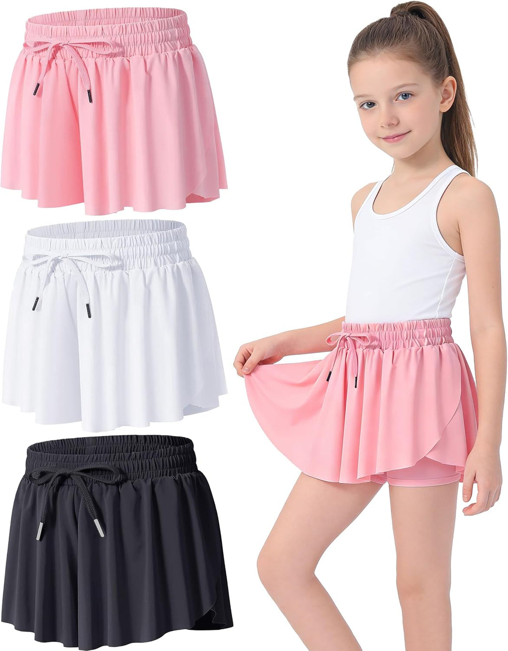 2-3 Pack Girls Flowy Butterfly Shorts with Pockets Liner 2 in 1 Skirt for Fitness, Athletic Running Sports
