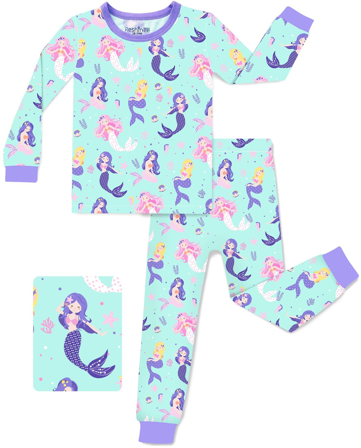 babee Reshinee Bamboo Viscose Toddler Girls Kids Pajamas Unicorn Mermaid Pjs Long Sleeve Snug fit 12M-8Y 2pcs Soft Jammies
