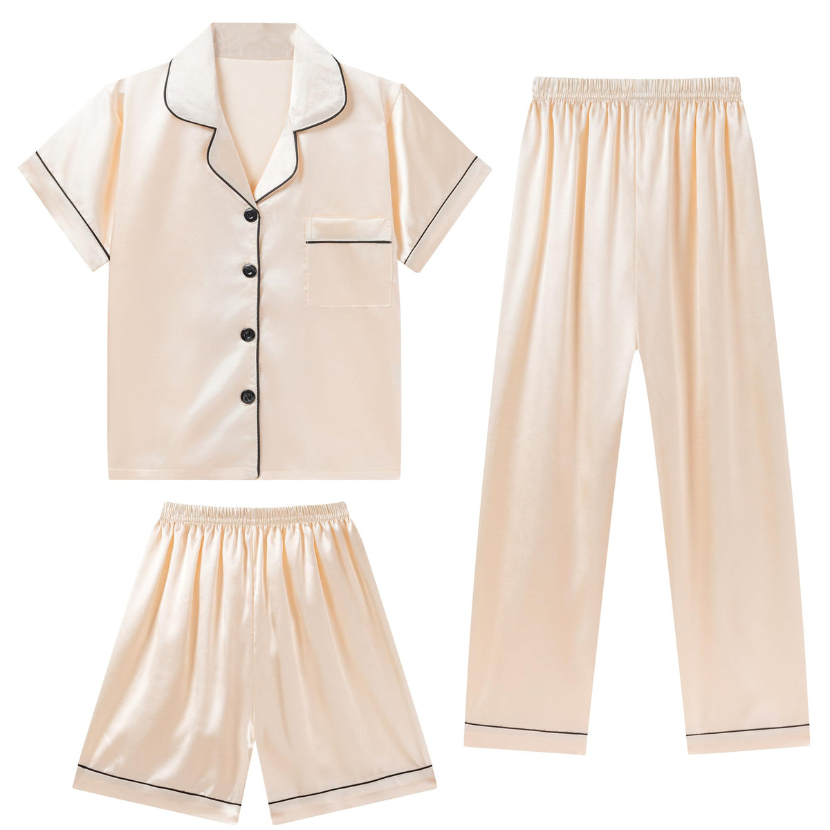 DIPUG Girls Pajamas 3 Pcs Satin PJs Set Silky Soft Sleepwear for Ages 4-13