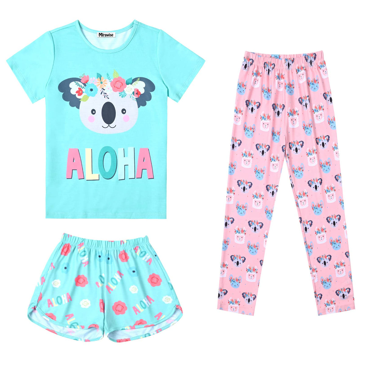 Mirawise Girls 3 Pc Pajamas Sleepwear Cotton Pjs Clothes Set 4-13 Years