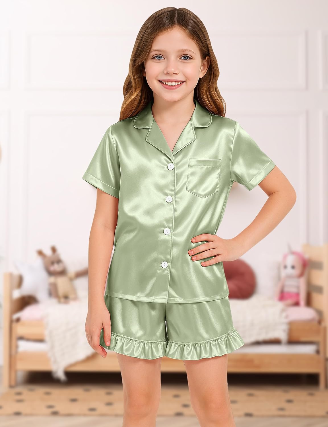 Kids Silk Pajamas Girls Satin Pajamas 2 Pcs Girls Ruffle Pjs Set