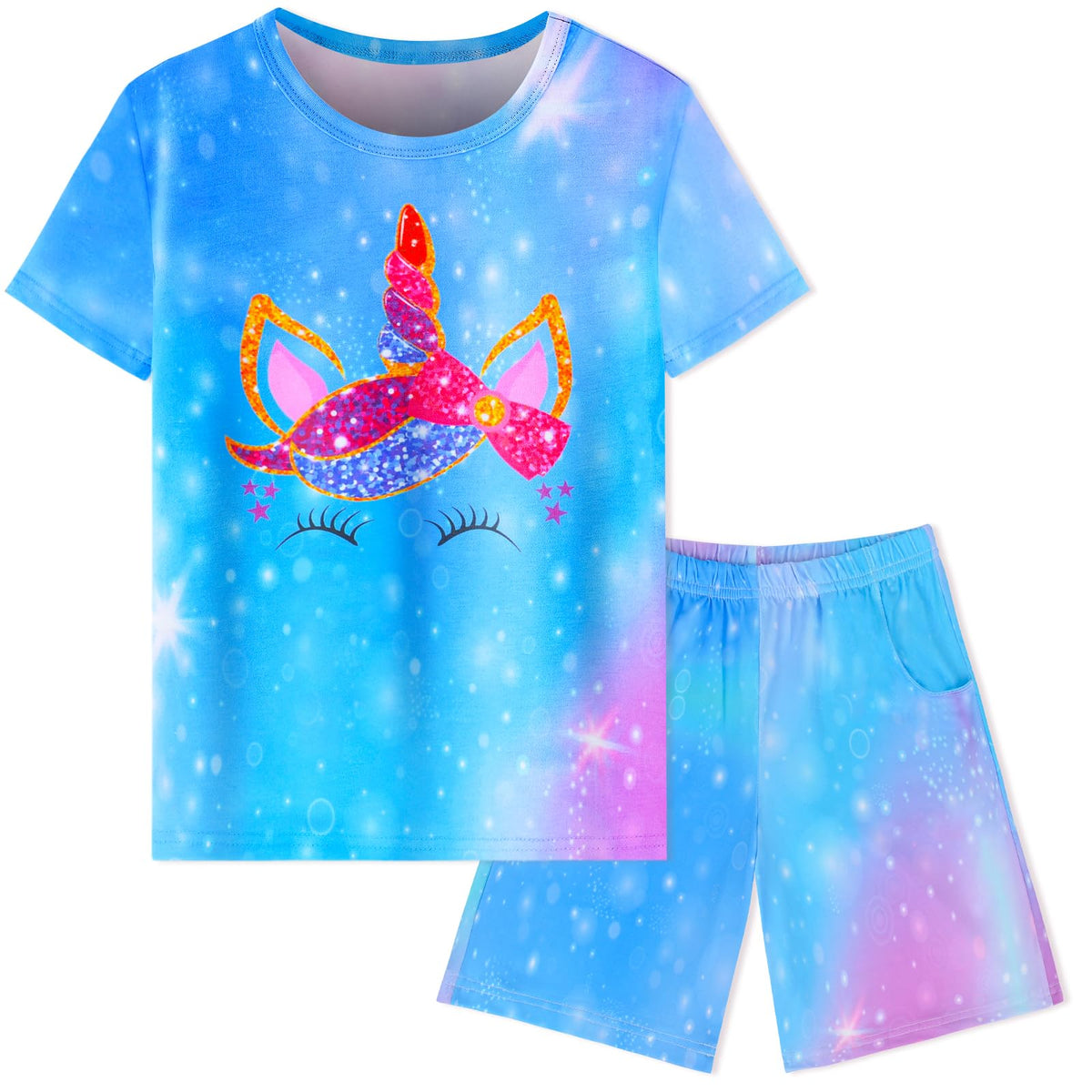 Girls Pajamas Tie Dye Mermaid Unicorn Summer Pjs Short Sleeve 2 Piece Sleepwear Toddler Girls Kids Nightwear 3T-10