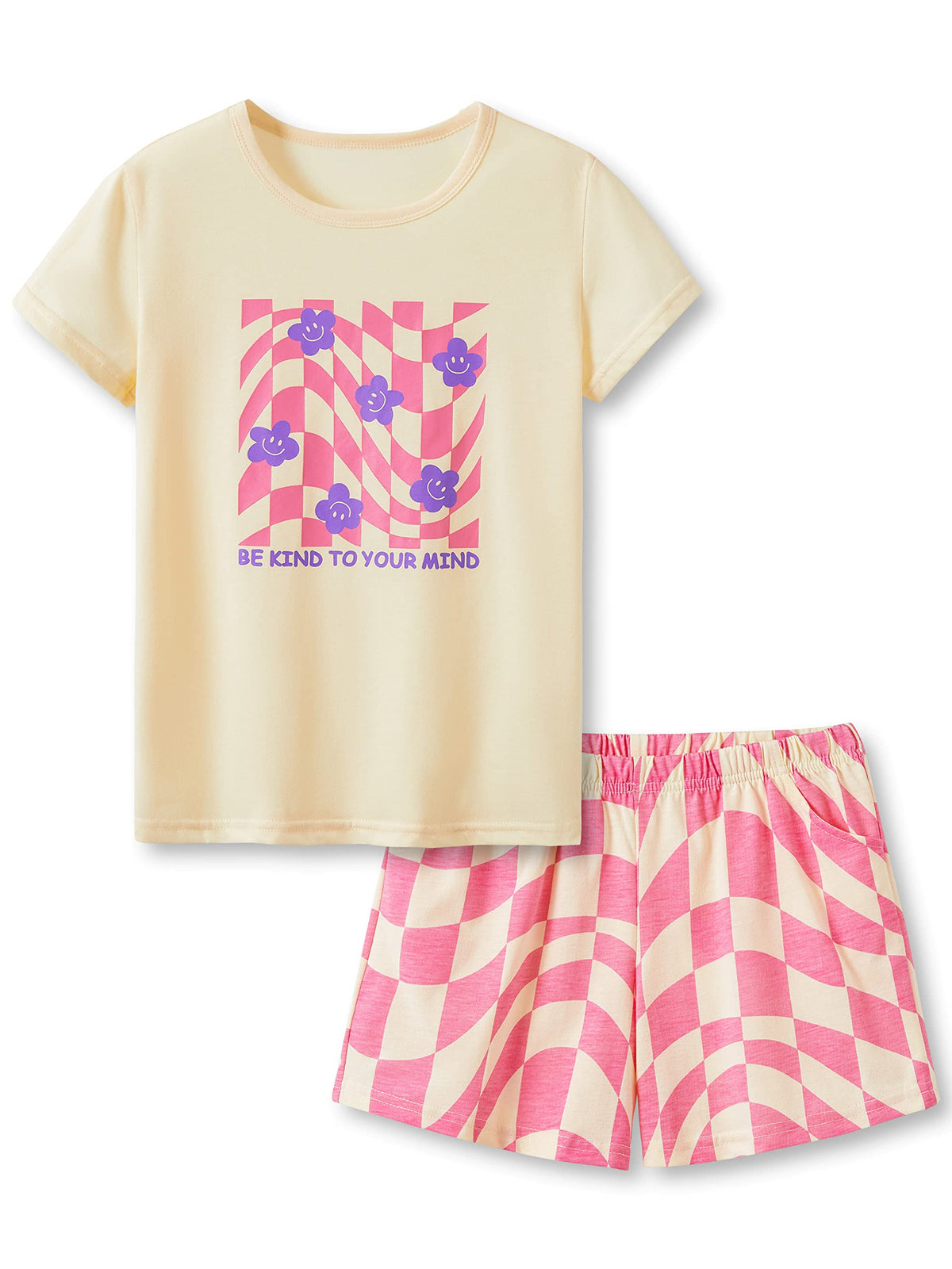 Beezizac Girls Cotton Blend Pajamas Cute Print Short Sleeve Set 4T-18
