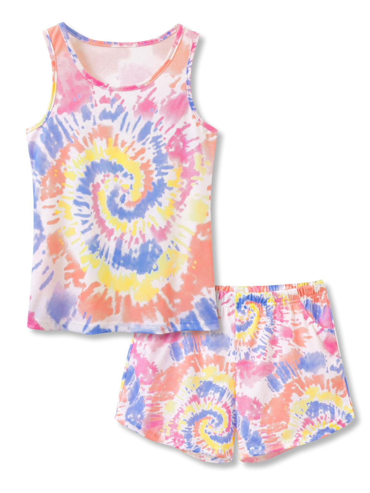 Beezizac Girls Pajamas Neon Tie Dye Spiral Capybara Smiling Face Print T-shirt & Shorts 2-Piece Soft PJ Set Size 6-18