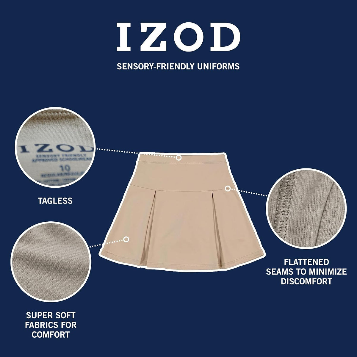 Izod Girls School Uniform Sensory-Friendly Pleated Scooter Skirt with Undershorts, Soft Fabric, Tagless with Flat Seams
