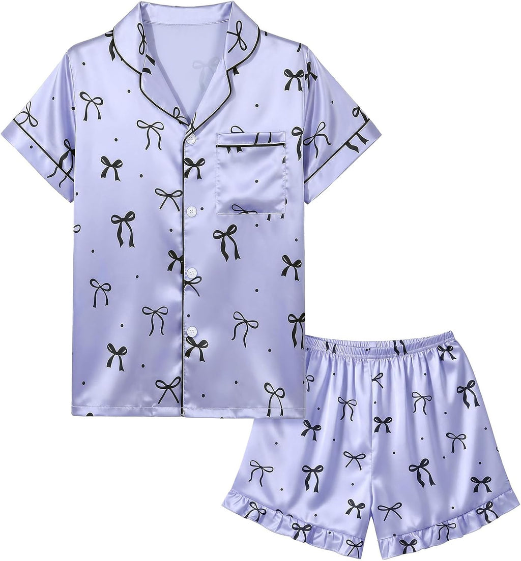 MHJY Girls Satin Pajama Set 2-Piece Short Sleeve Button-Down Sleepwear