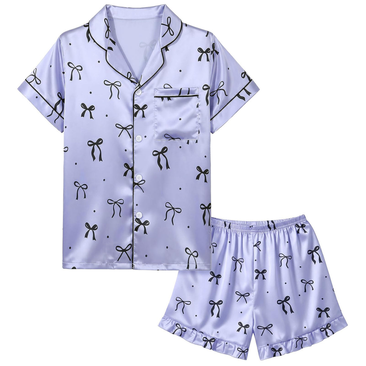 MHJY Girls Satin Pajama Set 2-Piece Short Sleeve Button-Down Sleepwear