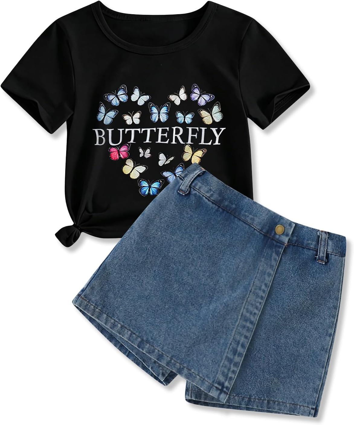 Girls Summer Clothes Butterfly Print Short Sleeve Tops and Denim Skirt Shorts Set Cute Outfits for Kids Girls 5-12Y