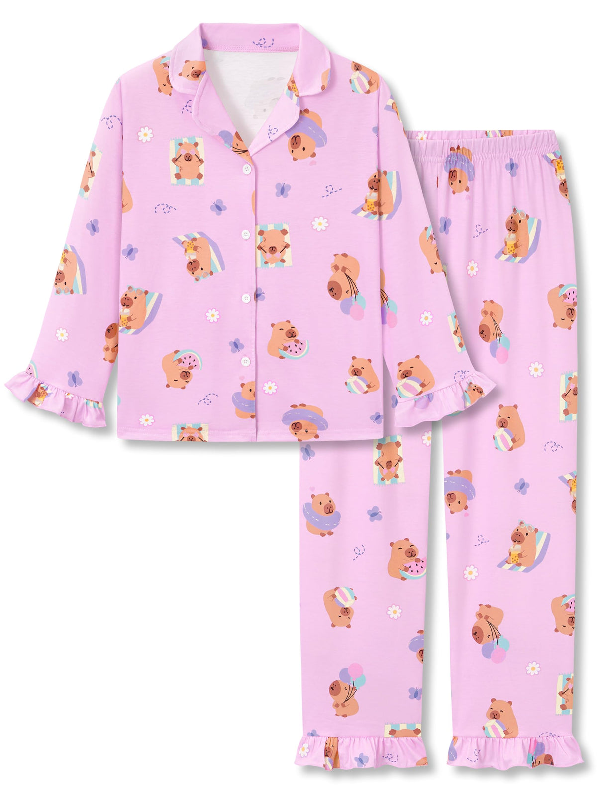 Beezizac Girls Cartoon Ruffle Long Sleeve Button Down Pajama Set Sizes 6-18