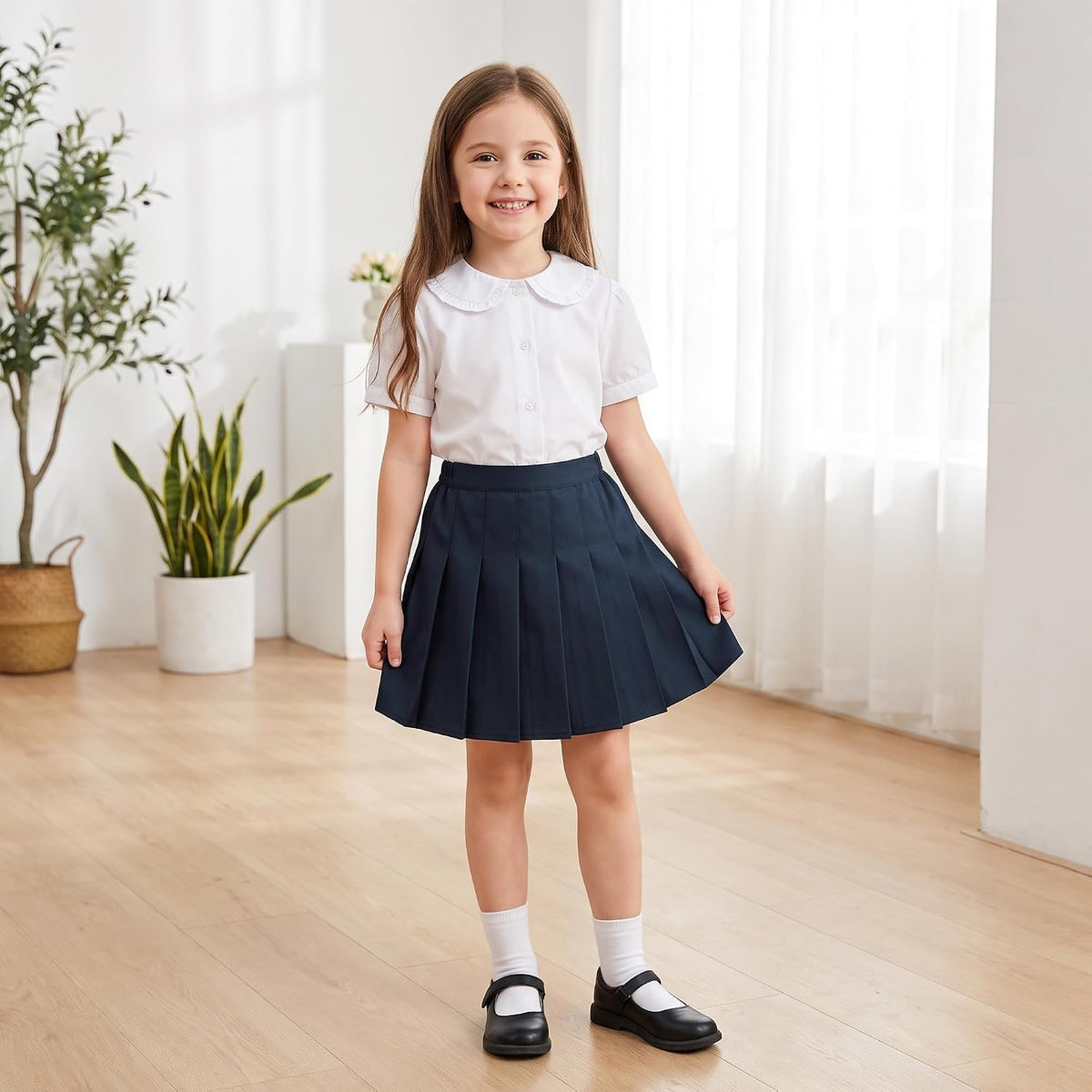 Girls Pleated Skirt Classic Pleated Uniform Skirts with Elastic Waistband School Uniform Tennis Dress with Lining Shorts