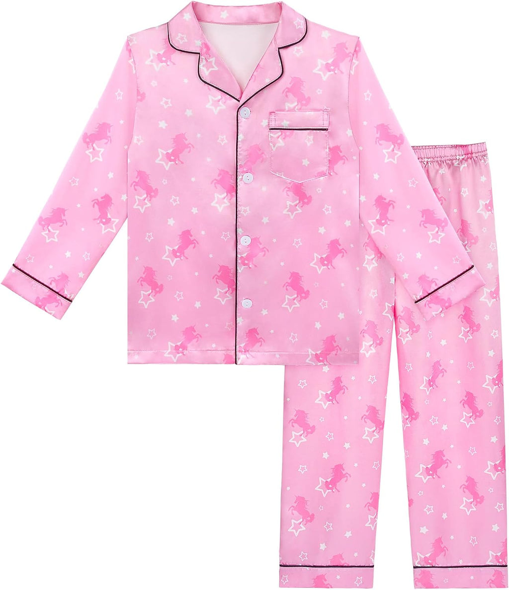 Sylfairy Satin Pajamas for Girls Silky Button-Down Sleepwear Unicorn Nightwear Loungewear PJS Clothes Set Gifts for Kids