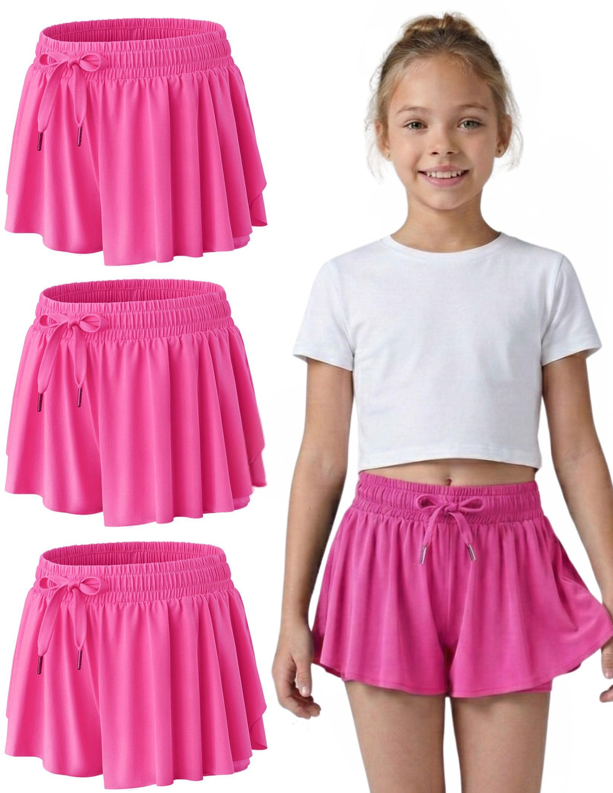1 or 3 Pack Youth Girls Flowy Shorts with Spandex Liner & Pockets