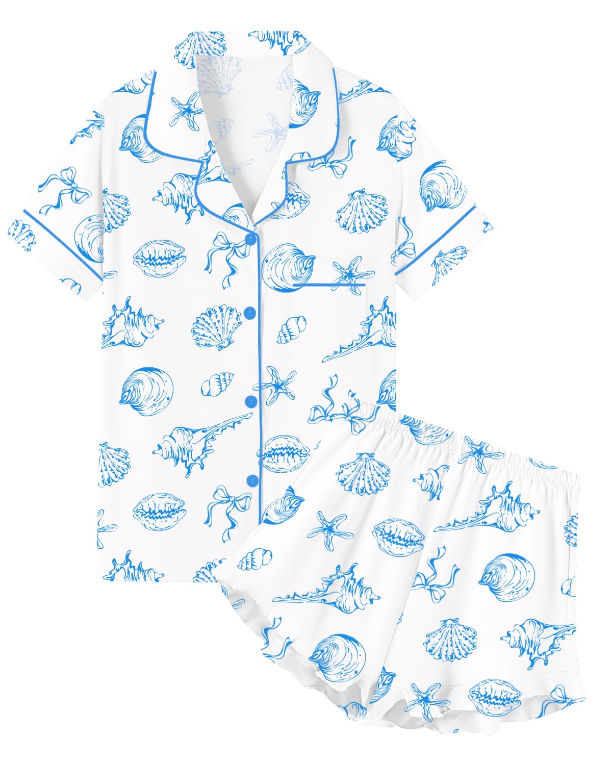 QZH.DUAO Girls & Women Pajama Sets Cotton Sleepwear Button Down Short Sleeve With Ruffle Shorts PJS 5 Years-Large