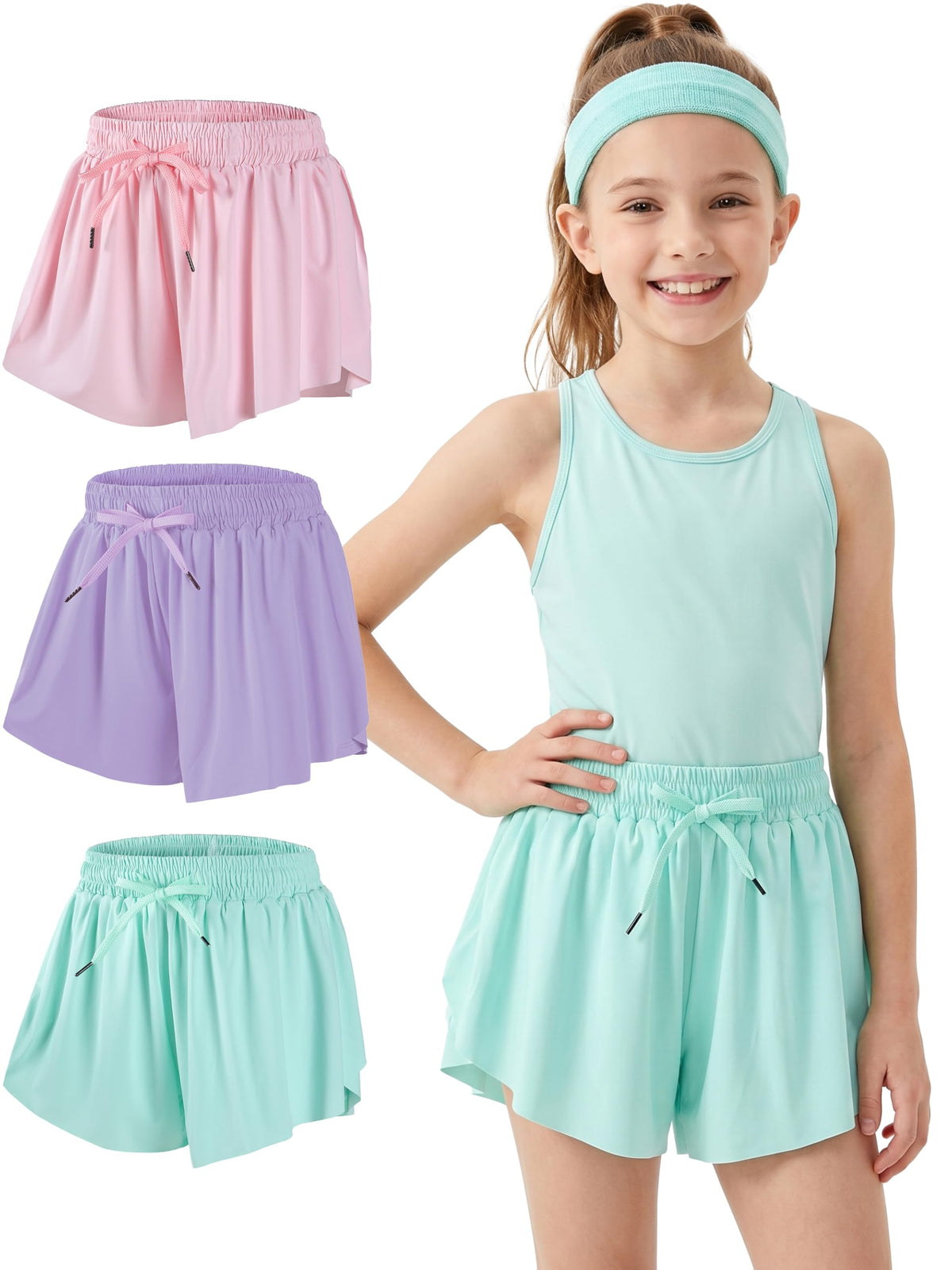 DIPUG Girls Butterfly Shorts with Pocket 2-in-1 Flowy Athletic Cheer Skorts