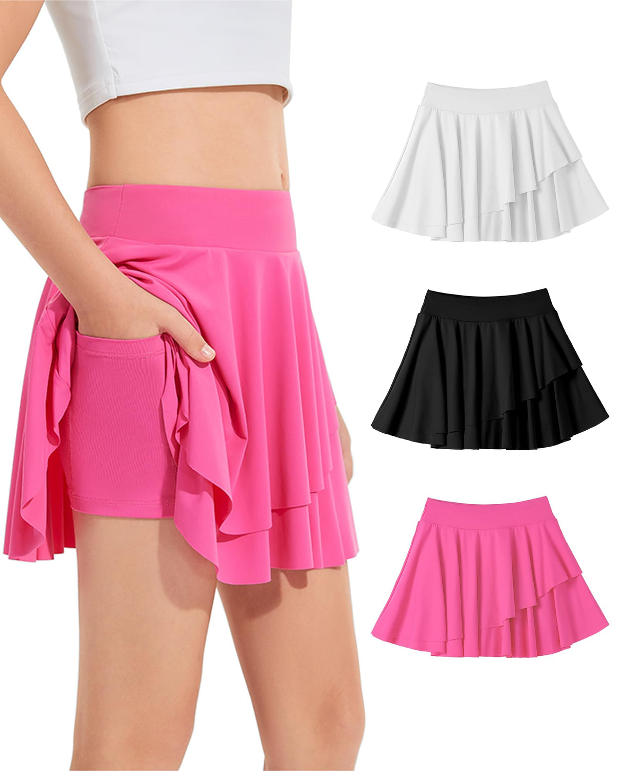 Girls Tennis Skirts Layered Ruffle Athletic Flowy Skirts with Pocket Skorts for Girls 5-14Y