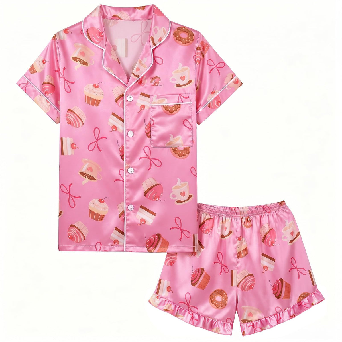 MHJY Girls Satin Pajama Set 2-Piece Short Sleeve Button-Down Sleepwear
