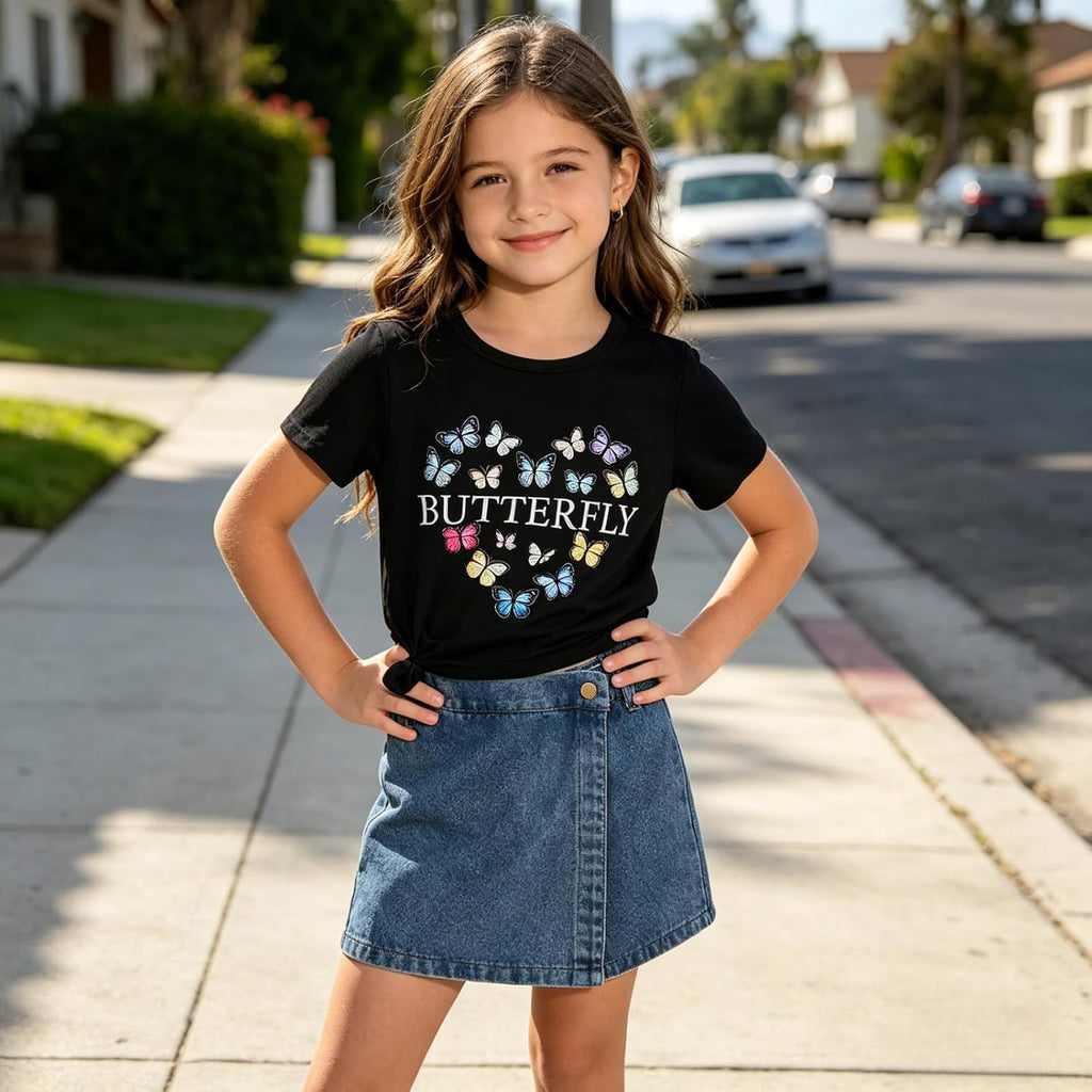 Girls Summer Clothes Butterfly Print Short Sleeve Tops and Denim Skirt Shorts Set Cute Outfits for Kids Girls 5-12Y