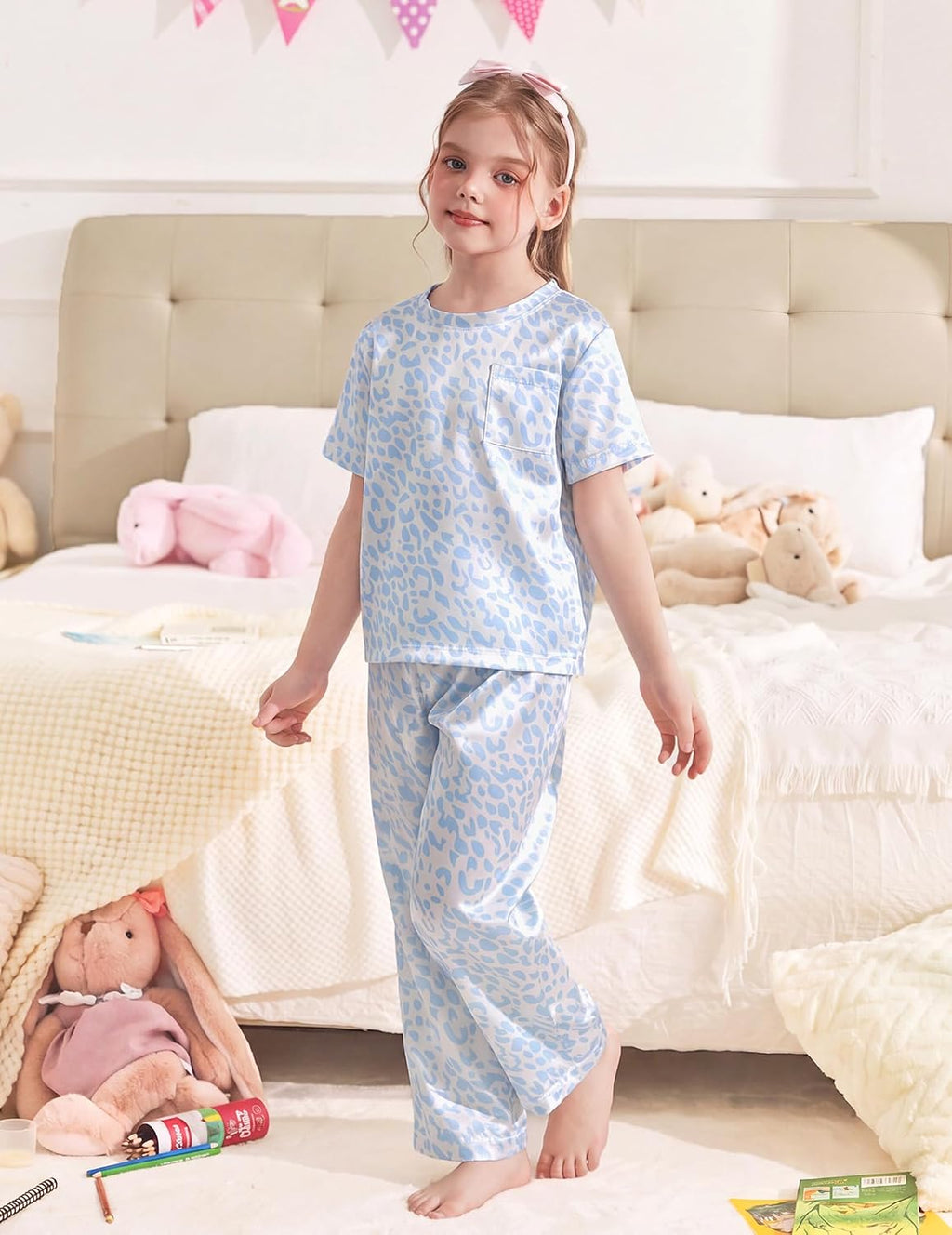 Arshiner Silky Girls Pajamas 3 Pcs Satin Short Sleeve Pjs Sleepwear Sets
