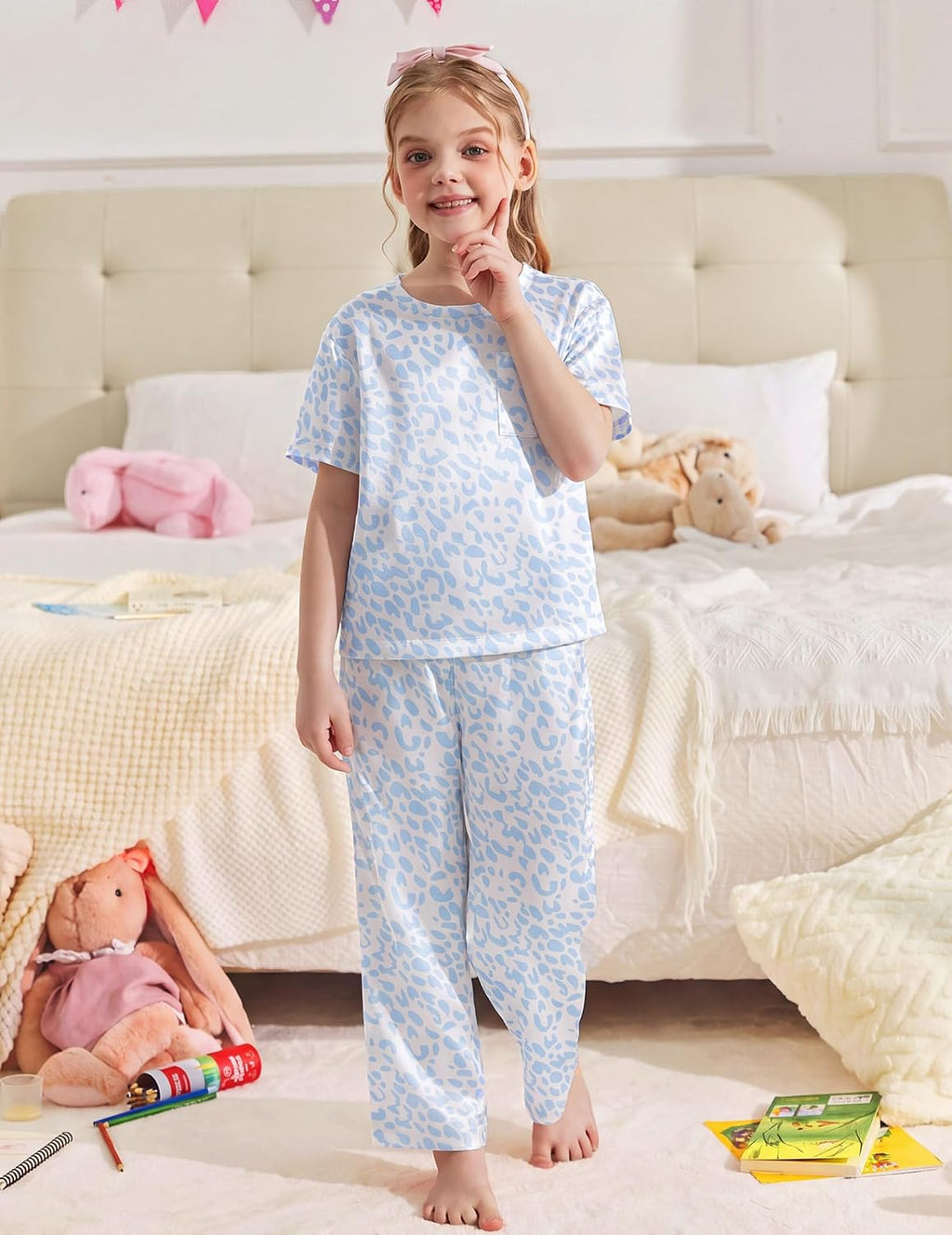 Arshiner Silky Girls Pajamas 3 Pcs Satin Short Sleeve Pjs Sleepwear Sets