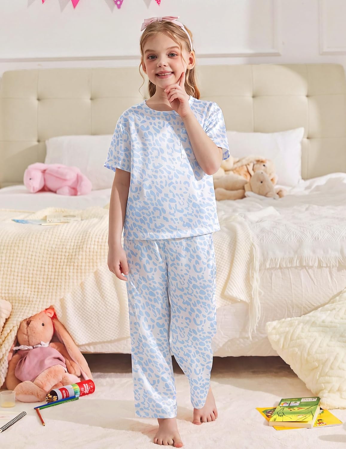 Arshiner Silky Girls Pajamas 3 Pcs Satin Short Sleeve Pjs Sleepwear Sets
