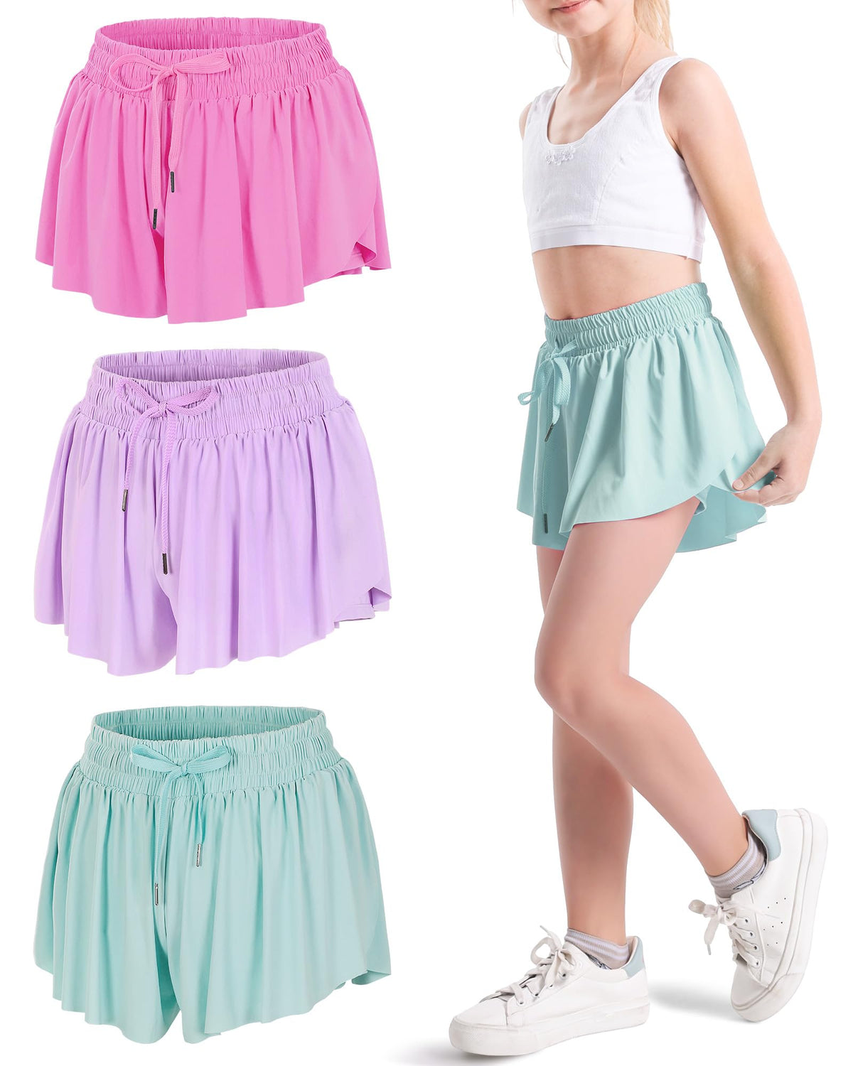 KEREDA Girls Flowy Butterfly Shorts 2-in-1 Kids Preppy Athletic Clothes