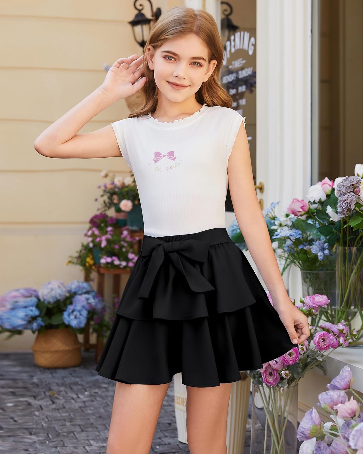 Girls Bow Mini Skirts Kids Elastic High Waisted Ruffle Tiered Skirt Party Dance Layered Skort for Teen 5-14 Years