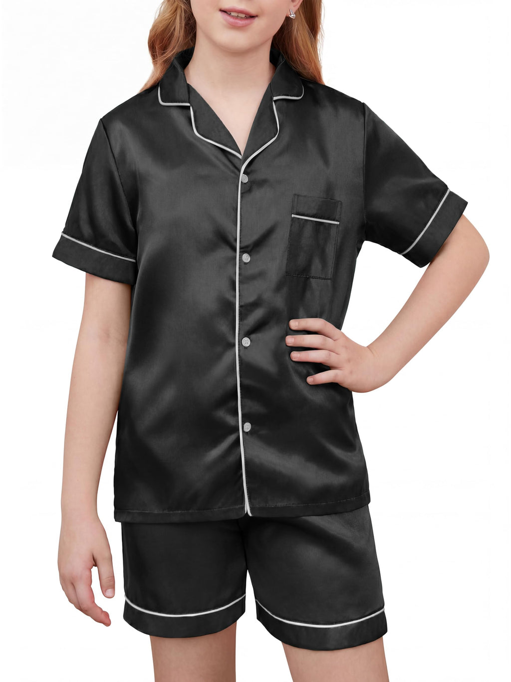 IHU Girls Pajamas Silk Satin PJs Boys Button Down Short Sleeve Shorts Set