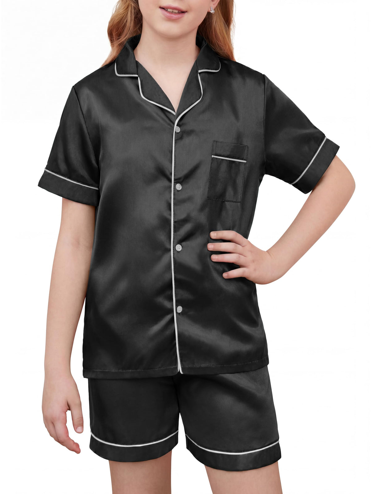 IHU Girls Pajamas Silk Satin PJs Boys Button Down Short Sleeve Shorts Set