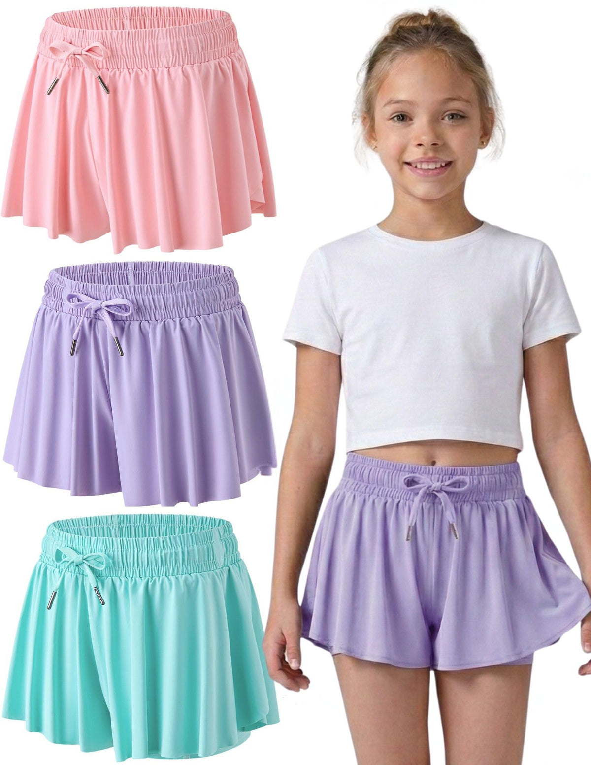 1 or 3 Pack Youth Girls Flowy Shorts with Spandex Liner & Pockets