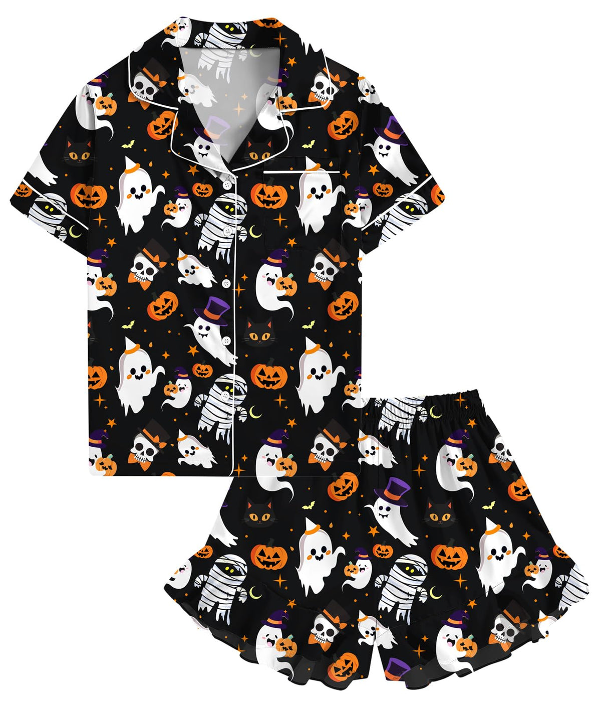 UNIFACO Girls Silk Satin Pajama Set, Short Sleeve Button Down PJs