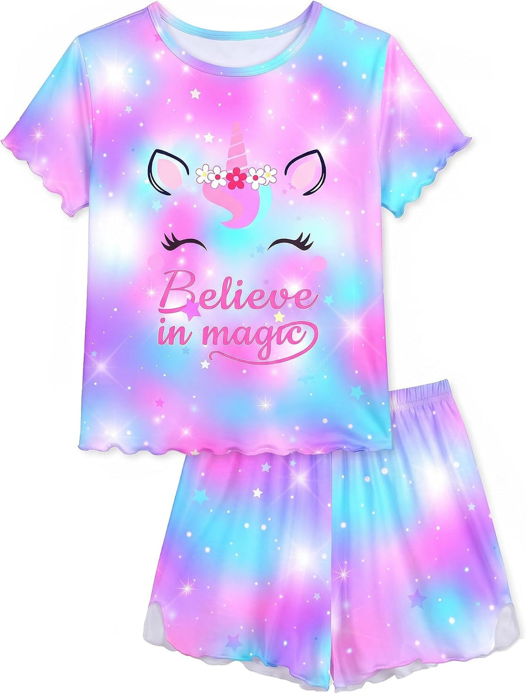 MHJY Girls Pajama Set 2 Piece Ruffled Short Sleeve Summer Sleepwear