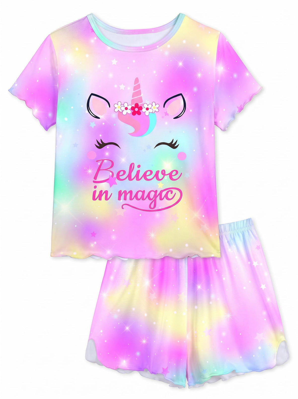 MHJY Girls Pajama Set 2 Piece Ruffled Short Sleeve Summer Sleepwear