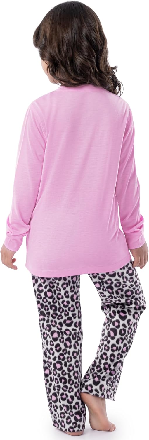 Fruit of the Loom Girls' Long Sleeve Jersey Henley Top and Fleece Pant Sleep Pajama Set