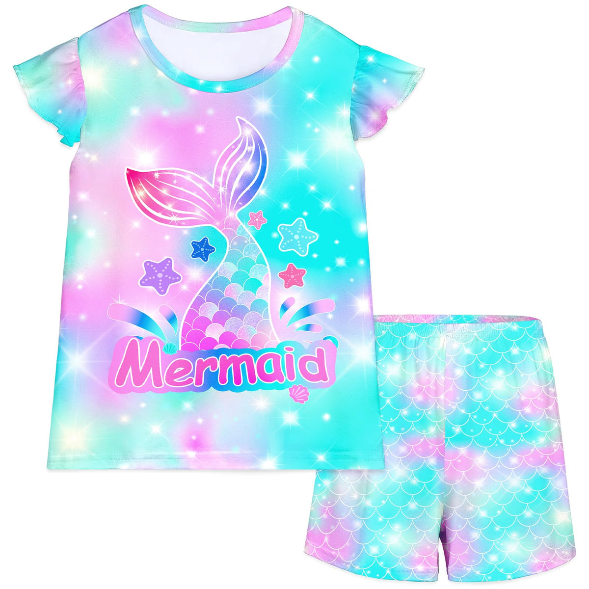 MHJY Girls 2-Piece Pajama Set Flutter Sleeve Breathable Sleepwear for Kids