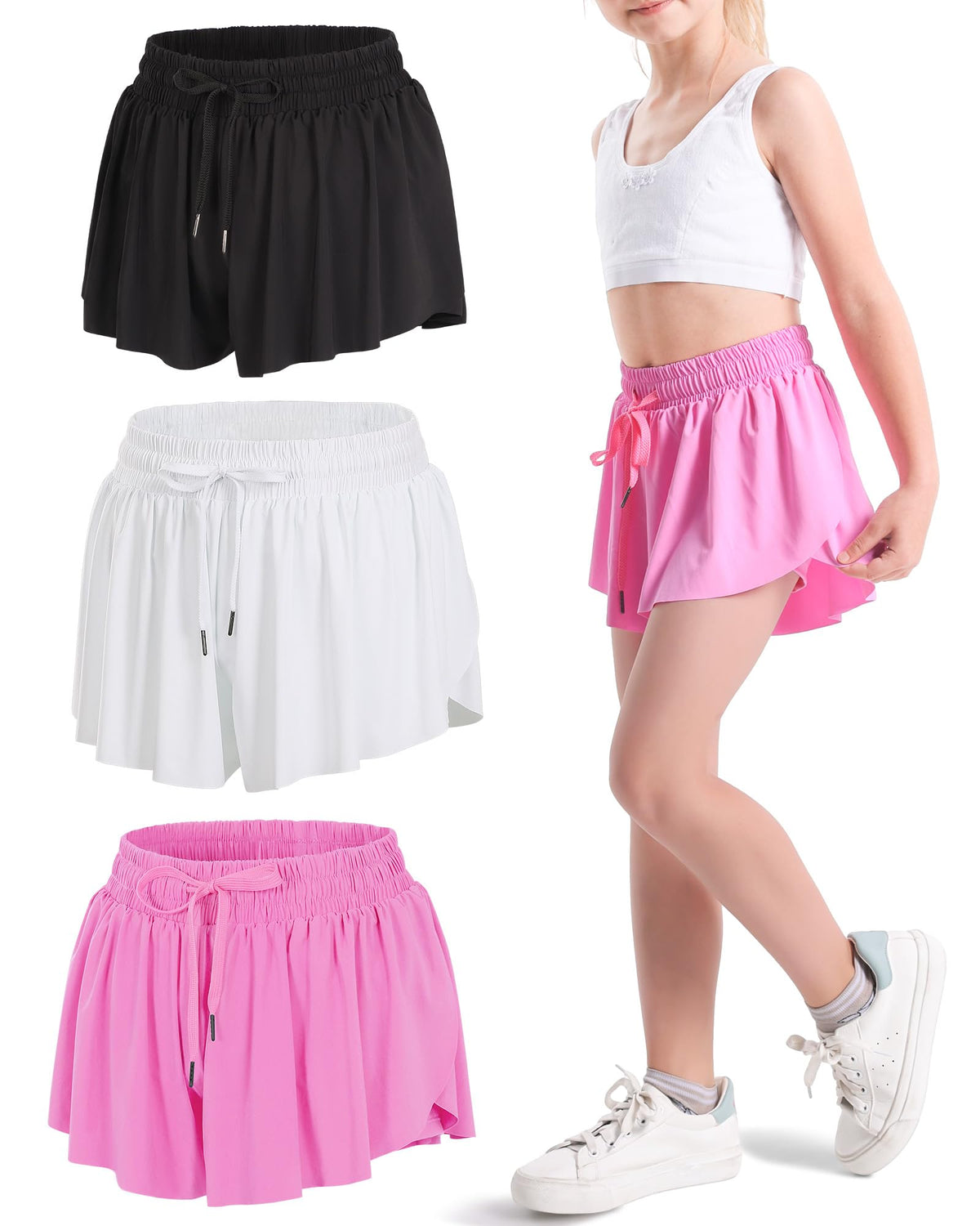 KEREDA Girls Flowy Butterfly Shorts 2-in-1 Kids Preppy Athletic Clothes