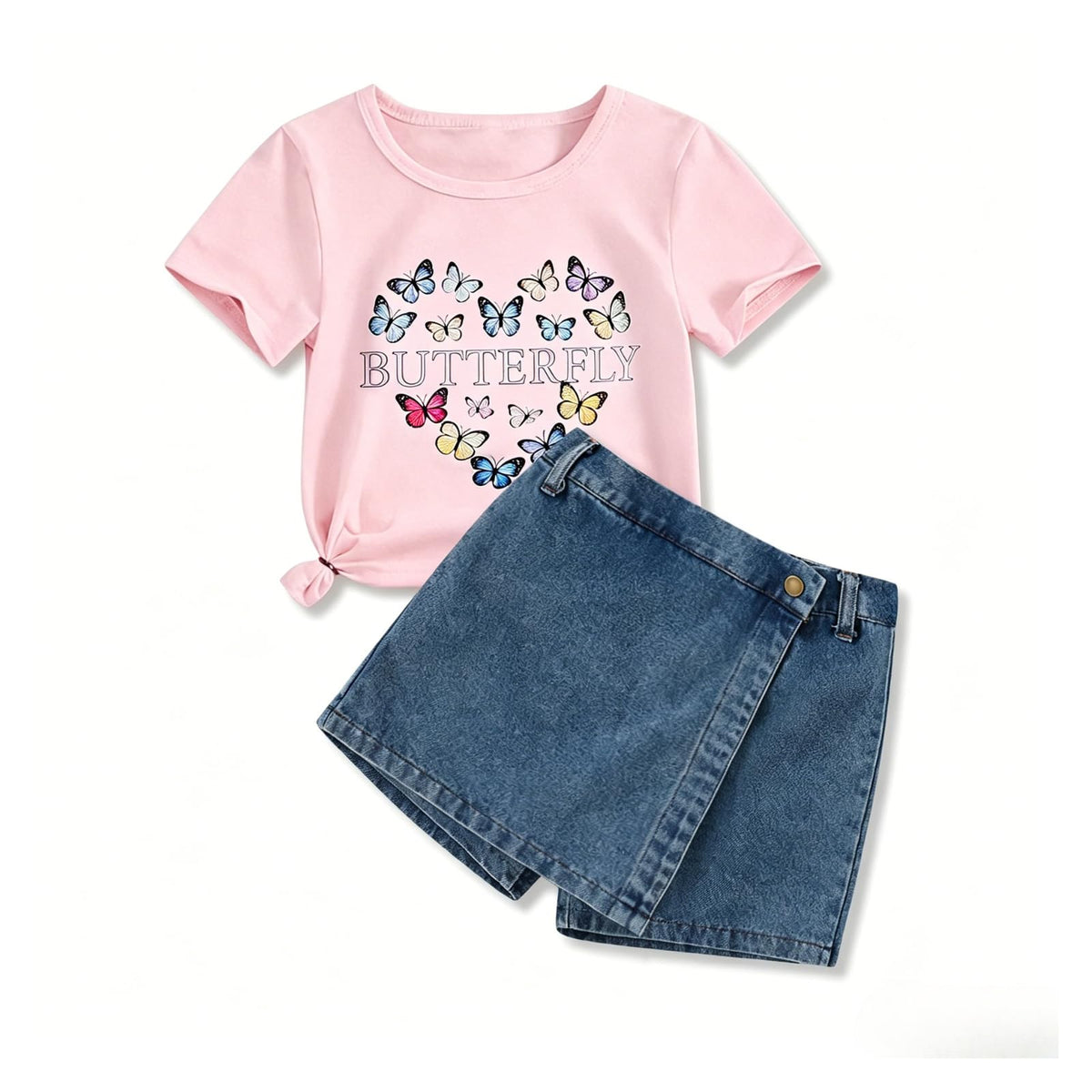 Girls Summer Clothes Butterfly Print Short Sleeve Tops and Denim Skirt Shorts Set Cute Outfits for Kids Girls 5-12Y