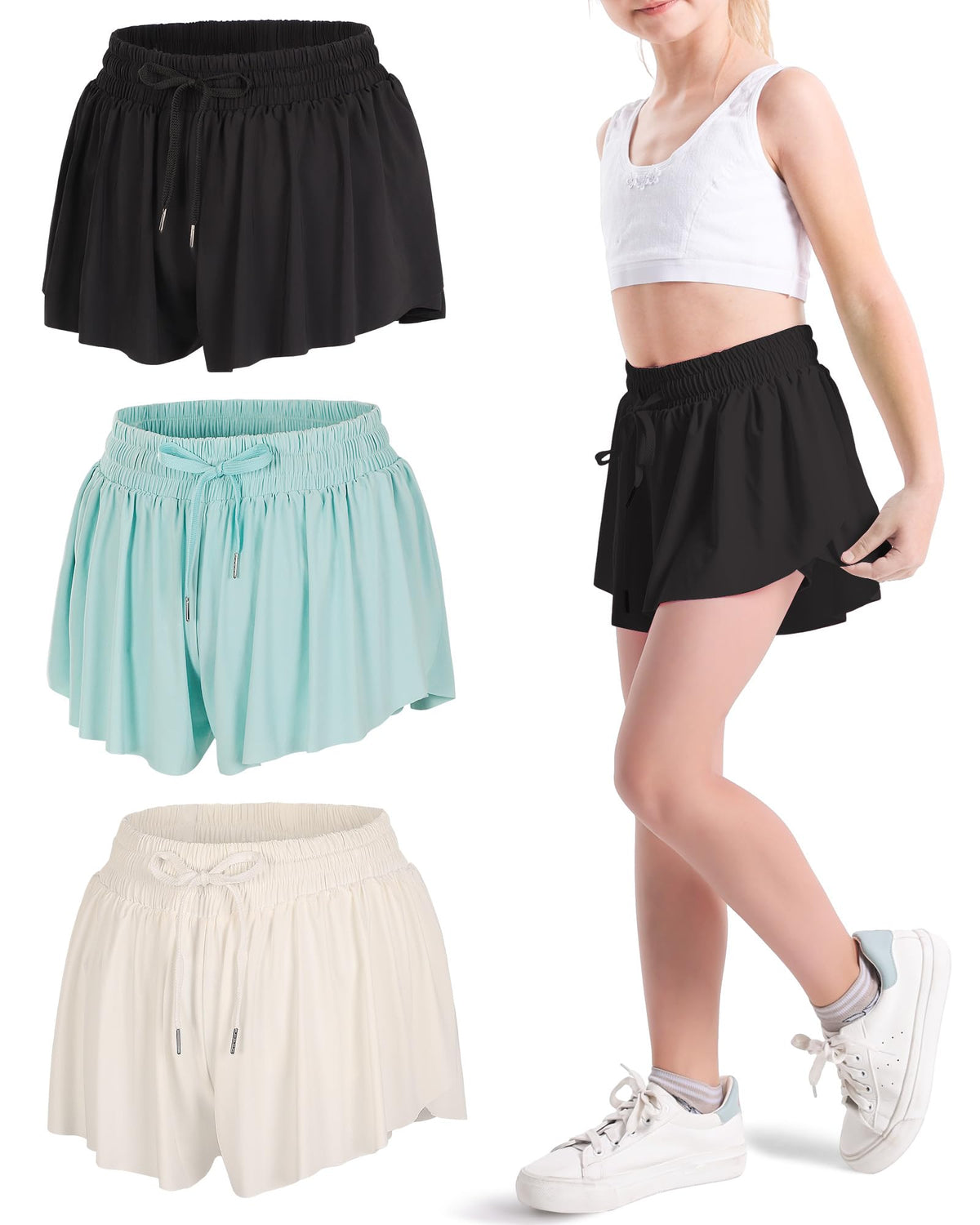 KEREDA Girls Flowy Butterfly Shorts 2-in-1 Kids Preppy Athletic Clothes
