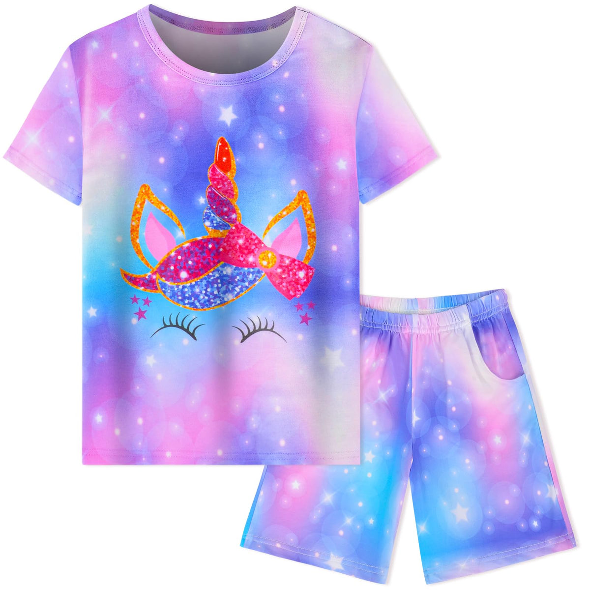 Girls Pajamas Tie Dye Mermaid Unicorn Summer Pjs Short Sleeve 2 Piece Sleepwear Toddler Girls Kids Nightwear 3T-10