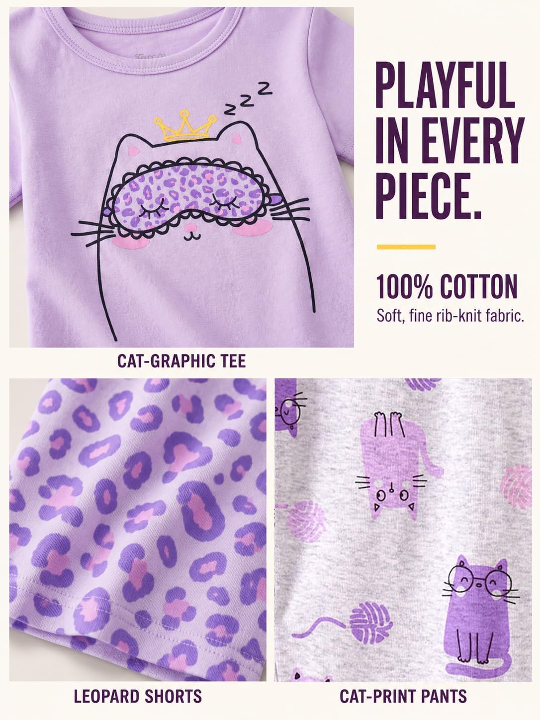 Topgal Little & Big Girls Cotton Knit Pajamas, 3-Piece Set, Sizes 4-14