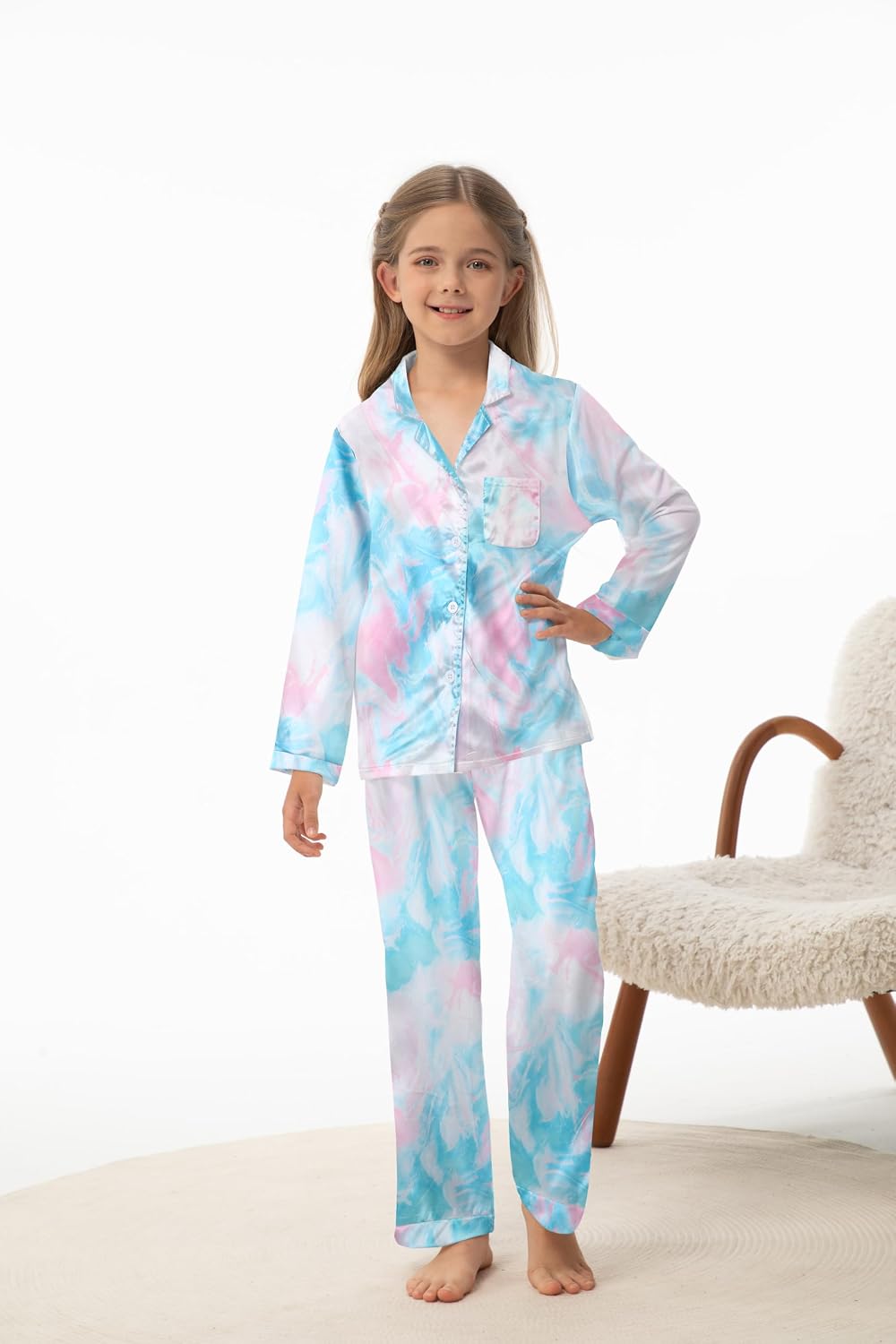 CARETOO Girls Pajamas 3 Piece Satin Long Sleeve Long Pants with Shorts PJs Set for Girls Kids Sleepwear 3-10 Years