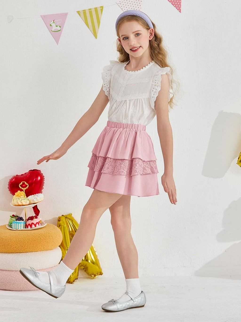 Haloumoning Girls Lace Ruffle Tiered Mini Skirt Kids High Waist Flowy Tennis Golf Skorts 5-14 Years